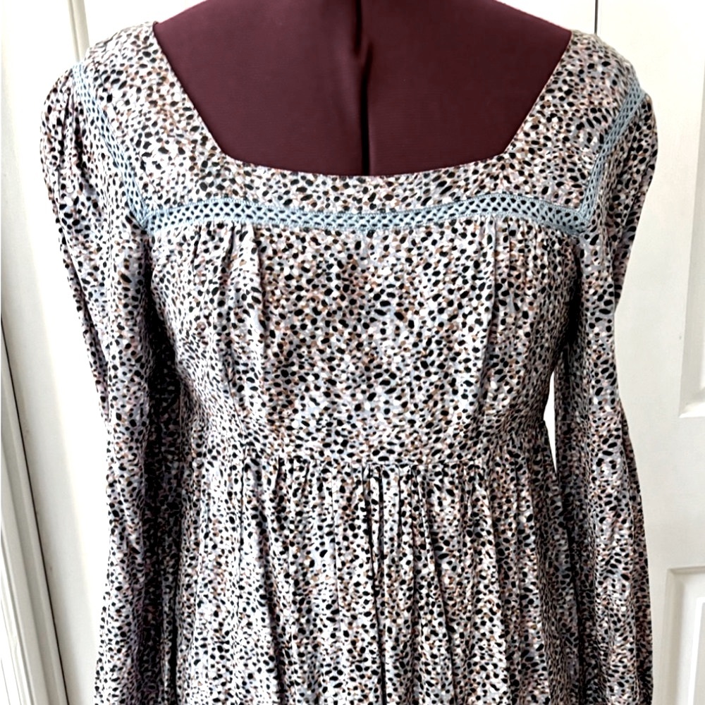 Smocked Mini Dress Tunic w Open Back Balloon Sleeves Embroidered Eyelet Detail